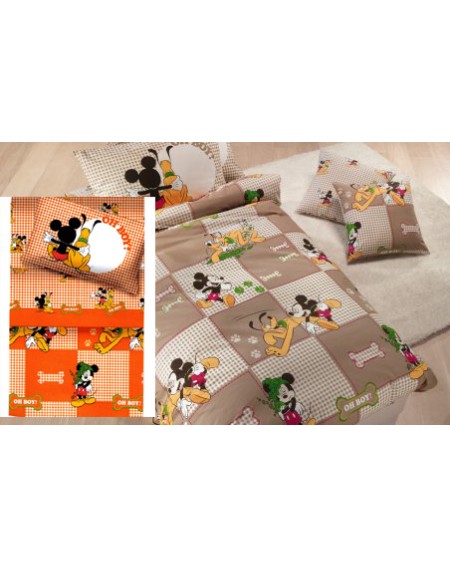 Set Lenzuola Flanella Topolino Mickey e Pluto Arancio Una Piazza e Mezza