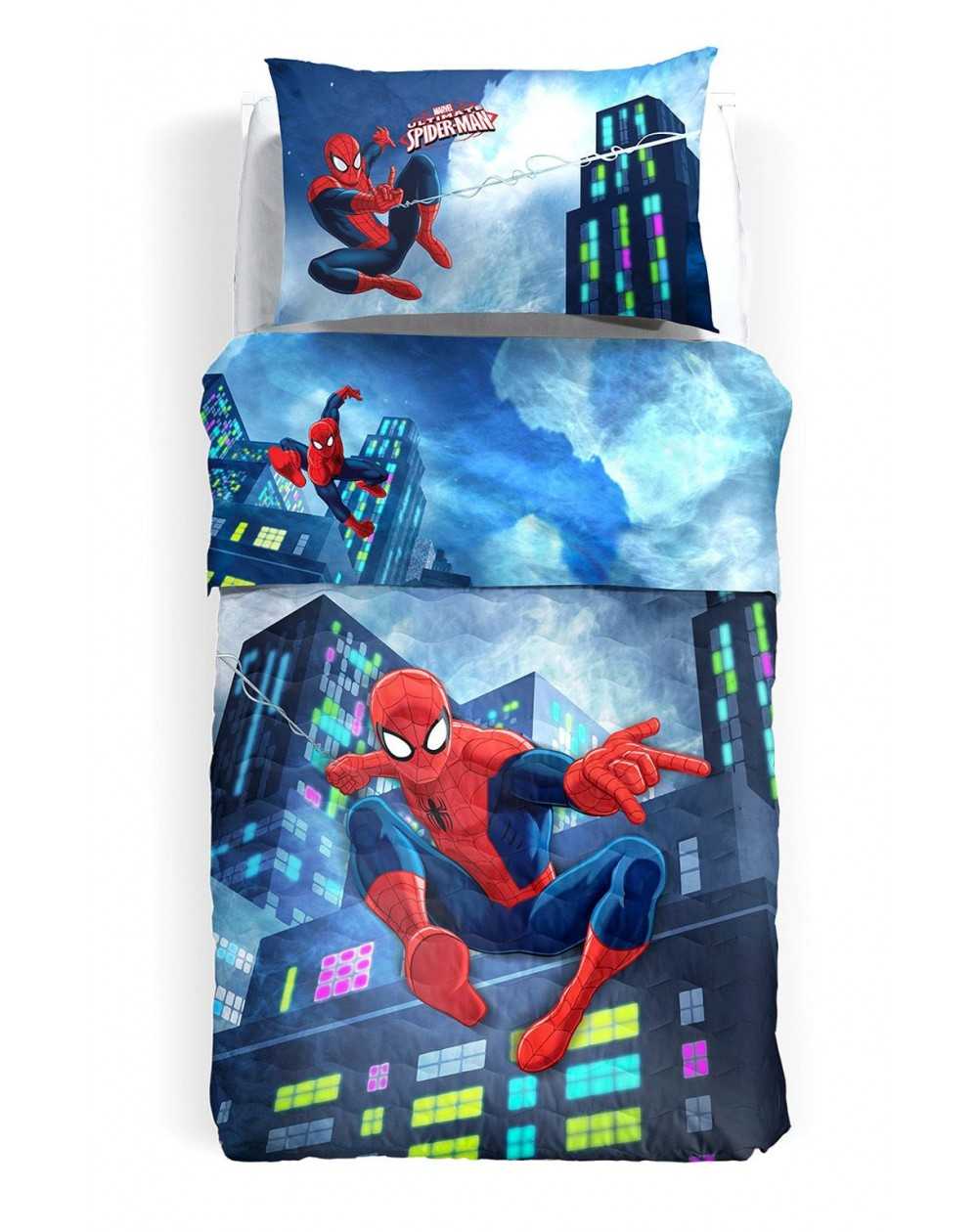 Single Bed SET Flat sheet, pillowcases Spiderman Lights