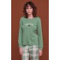 Pyjama femme en coton vert chaud avec pantalon écossais Noidinotte