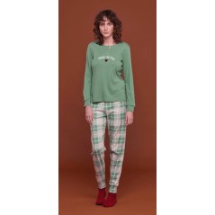 Damenpyjama in warmer grüner Baumwolle mit schottischer Hose Noidinotte