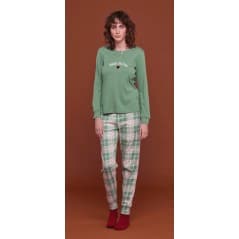 Pyjama femme en coton vert chaud avec pantalon écossais Noidinotte