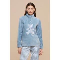 Pigiama Tuta Donna Soffice e Caldo Coral Fleece Orsetto Azzurro Noidinotte