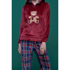 Pyjamas Women's Jumpsuit Soft and Warm Coral Fleece Bear Bordeaux Noidinotte