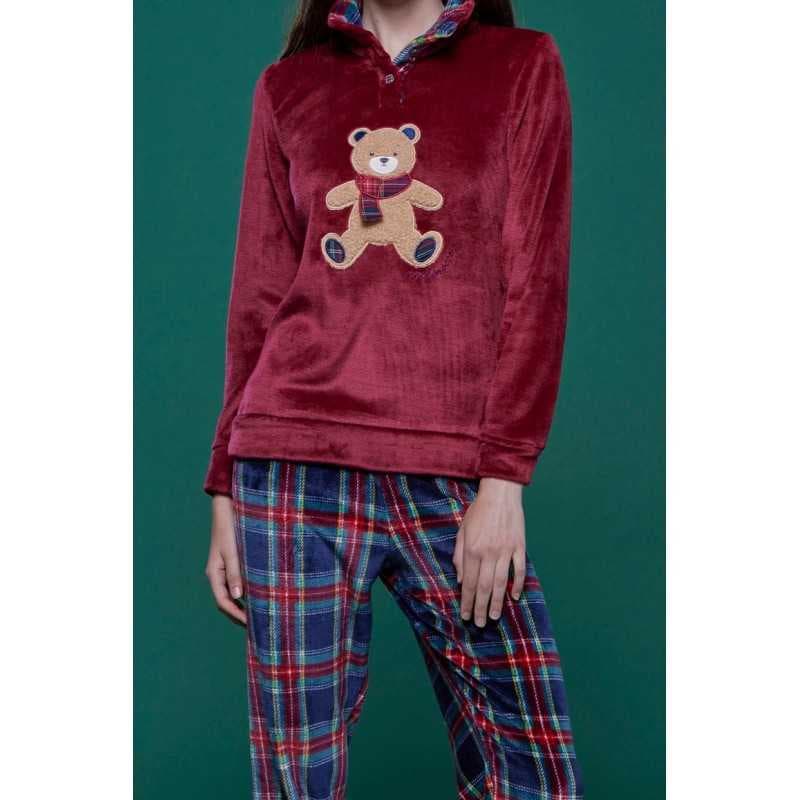 Pyjamas Women's Jumpsuit Soft and Warm Coral Fleece Bear Bordeaux Noidinotte