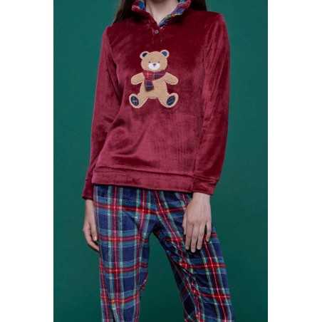 Pyjamas Overall Damen flauschig und warm Coral Fleece Bär Bordeaux Noidinotte