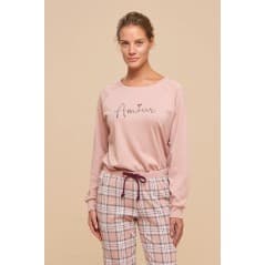 Women's Pyjamas in Warm Pink Fleece Cotton with Plaid Pants Noidinotte