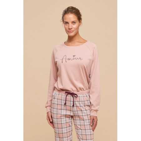 Women's Pyjamas in Warm Pink Fleece Cotton with Plaid Pants Noidinotte