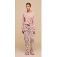 Damenpyjama in warmer rosa gefärbter Baumwolle mit schottischer Noidinotte-Hose