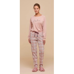 Pijama Mujer en Cálido Algodón Felpato Rosa con Pantalón Escocés Noidinotte