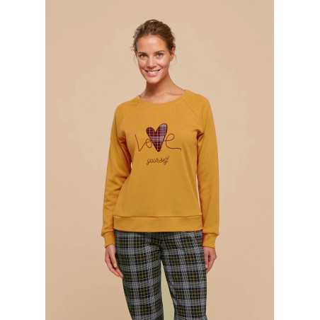 Damenpyjama in warmer Baumwolle Love Gelb mit schottischer Hose Noidinotte