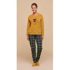 Damenpyjama in warmer Baumwolle Love Gelb mit schottischer Hose Noidinotte