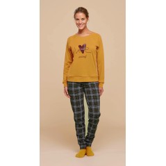 Pijama Mujer en Cálido Algodón Amor Amarillo con Pantalón Escocés Noidinotte