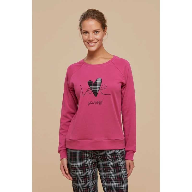 Damen Pyjama in warmer Baumwolle Love Fuxia mit schottischer Hose Noidinotte