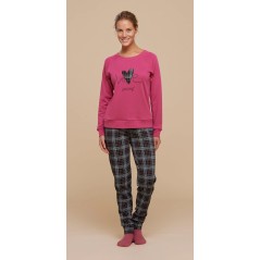 Damen Pyjama in warmer Baumwolle Love Fuxia mit schottischer Hose Noidinotte