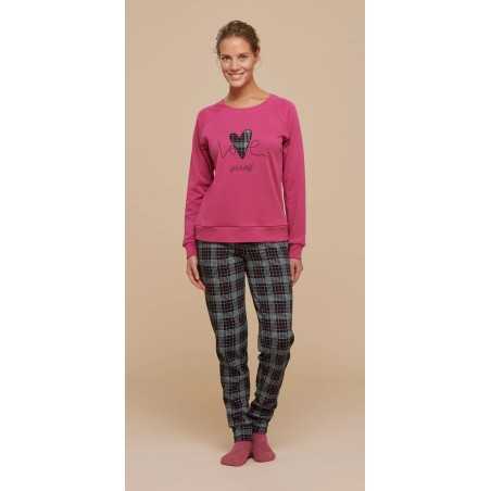 Damen Pyjama in warmer Baumwolle Love Fuxia mit schottischer Hose Noidinotte