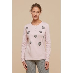 Pyjama Femme en Coton Chaud Coeurs Rose Noidinotte