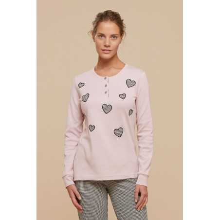 Pyjama Femme en Coton Chaud Coeurs Rose Noidinotte