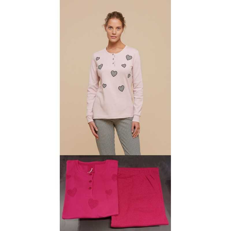 Pyjama femme en coton chaud Coeurs Fuxia Noidinotte