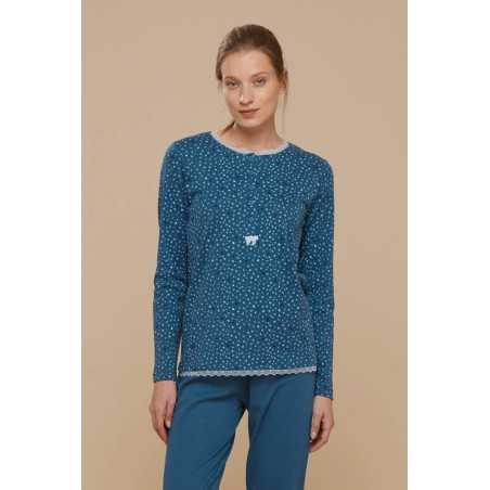 Damen-Pyjama in warmer Baumwolle Cuoricini Spitze Blau Oktan Noidinotte