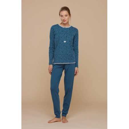 Damen-Pyjama in warmer Baumwolle Cuoricini Spitze Blau Oktan Noidinotte