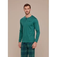 Men's Pyjamas in Warm Green Cotton with Plaid Pants Noidinotte