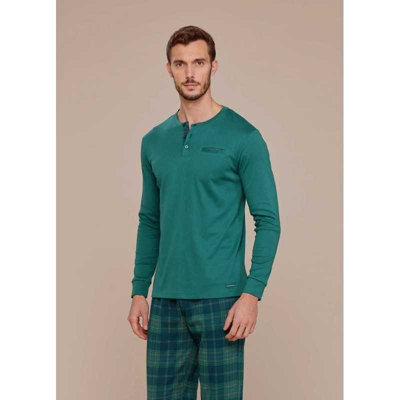 Pyjama homme en coton vert chaud avec pantalon écossais Noidinotte