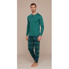 Men's Pyjamas in Warm Green Cotton with Plaid Pants Noidinotte